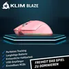 A pink gaming mouse is displayed on a glowing platform against a dark blue background, with feature text and a slogan. Produktbild-Vorschau