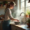 A young woman is washing dishes in a kitchen sink, with steam rising from the water. Produktbild-Vorschau