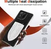 A hand holding a black smartphone with a white shield-like sticker on the back. The background is white with orange abstract shapes. Produktbild-Vorschau