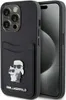A black Karl Lagerfeld iPhone 15 Pro case with a card slot and a Karl and Choupette design. Produktbild-Vorschau