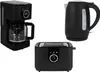 A black coffee maker, kettle, and toaster are arranged on a white background. Produktbild-Vorschau
