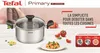A stainless steel pot with a glass lid is displayed on a table, surrounded by ingredients and promotional text. Voir les images du produit