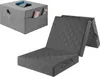 A collage showing a grey upholstered ottoman with pockets and a folded grey upholstered mattress. Voir les images du produit