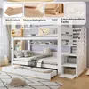 A collage of images showing a white bunk bed with storage, its materials, and dimensions. Podgląd zdjęcia produktu