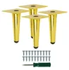 Four gold-colored furniture legs and a set of screws with a screwdriver on a white background. Produktbild-Vorschau