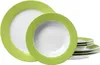 A set of white plates with green rims, stacked and arranged on a white background. Produktbild-Vorschau