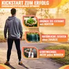 A man in athletic wear stands facing away from the camera on a path, with three inset images showing natural ingredients and a fit woman. Produktbild-Vorschau