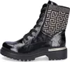 A black patent leather lace-up boot with a patterned fabric cuff and a gold accent on the sole. Voir les images du produit