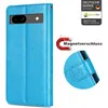 A blue flip case for a Google Pixel 8A phone, shown from the front with a close-up of the magnetic closure. Produktbild-Vorschau