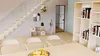 A modern living room with a wooden bookshelf, stairs, and chairs. Produktbild-Vorschau