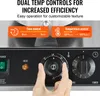 A close-up of a commercial waffle maker's control panel, showing temperature and timer dials. A hand is adjusting the temperature dial. Text overlays describe the dual temp controls for increased efficiency and customizable texture. Náhled obrázku produktu