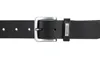 A black leather belt with a silver buckle and a small silver tag with the brand name on it, presented against a white background. Anteprima dell’immagine prodotto
