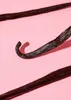 Three dark brown vanilla beans are arranged diagonally on a pink background. Produktbild-Vorschau