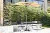 An outdoor patio setting with a table and chairs under a large umbrella, surrounded by bamboo plants. Anteprima dell’immagine prodotto