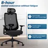 A black ergonomic office chair is shown with text overlays highlighting its features. Podgląd zdjęcia produktu