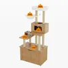 A multi-level cat tree with scratching posts, a hammock, a feeding station, and a cabinet base, presented against a white background. Anteprima dell’immagine prodotto