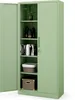 A light green metal storage cabinet with its left door open, revealing several shelves stocked with books, decorative bottles, a woven basket with a white liner, and a brown box. A small potted plant sits on the top shelf. Anteprima dell’immagine prodotto