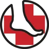 A graphic representation of a foot inside a circle with a red cross symbol. Produktbild-Vorschau