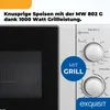Close-up of a microwave oven's control panel and door, with marketing text overlay. Produktbild-Vorschau