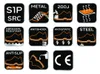 A collage of icons representing safety features of work boots. Produktbild-Vorschau