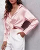 ASKSA Damen Satin Bluse V-Ausschnitt Hemde Elegant Knoepfen Produktbild-Vorschau 4