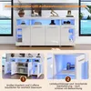 A collage showing a white LED sideboard with blue interior lighting, and close-up views of its storage compartments and glass shelving. Podgląd zdjęcia produktu