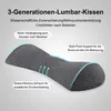 A grey lumbar support pillow with text overlays describing its features. Produktbild-Vorschau