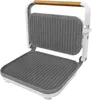 An open electric grill with a white base and frame, gray grill plates, and a wooden handle. Voir les images du produit