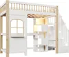 A white and wood loft bed with stairs, a desk, and storage. Produktbild-Vorschau