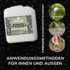 A white plastic jug of Roxlin Botanic Kiesbinder is shown against a background of black pebbles. To the right, three circular images illustrate application methods: using a watering can, a spray device, and a brush. Text at the bottom highlights "ANWENDUNG Produktbild-Vorschau