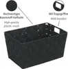 A black woven storage basket with handles is shown from a slightly elevated angle, with callouts highlighting its material and handles. Anteprima dell’immagine prodotto