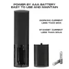 A remote control with its battery compartment open, showing AAA batteries and a separate battery cover. Text describes power and current specifications. Produktbild-Vorschau