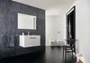 A modern bathroom with a wall-mounted vanity, mirror, towel rack, bidet, toilet, and a decorative chair with artwork on the wall. Produktbild-Vorschau