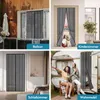 A collage of four images showing magnetic screen doors installed in different locations: a balcony, a child's room, a bedroom, and a camper van. Produktbild-Vorschau