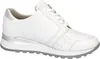 A white leather and textile low sneaker with a floral pattern on the side and a silver heel accent. Produktbild-Vorschau