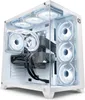 A white gaming PC with RGB lighting inside, viewed from the front-right. Produktbild-Vorschau