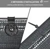 Close-up views of two different methods for attaching a privacy screen, with text at the top indicating installation methods. Produktbild-Vorschau