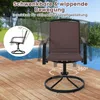 A brown swivel patio chair is shown on a wooden deck next to a swimming pool. The image includes text overlays and diagrams highlighting the chair's features. Produktbild-Vorschau