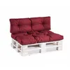 A two-seater sofa made from wooden pallets with burgundy cushions, shown against a white background. Produktbild-Vorschau