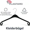 A black plastic hanger is shown against a white background, with promotional text and logos. Produktbild-Vorschau