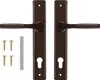 A pair of brown door handles with keyholes and accompanying screws and a metal strip, presented on a white background. Náhled obrázku produktu