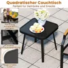 A black square side table with a vase of flowers and a plate of pastries on it, set on a tiled patio. Podgląd zdjęcia produktu