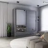 A modern living room with a large gray wardrobe with mirrored doors, a sofa, and a coffee table. Voir les images du produit