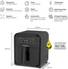 A black air fryer with its specifications and features listed around it. Produktbild-Vorschau