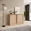 Kommode 120 cm Eiche mit 2 Schiebetüren 
Maße:
•	Breite: 121 cm
•	Höhe: 85 cm
•	Tiefe: 43,5 cm
