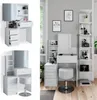 A collage of images showing a white vanity table with a stool and storage shelves, set up in a room. Náhled obrázku produktu