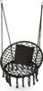A black macrame hanging chair with a black cushion, suspended by ropes. Voir les images du produit