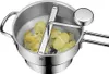A close-up shot of a stainless steel potato masher inside a pot with cooked potatoes. Produktbild-Vorschau
