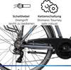Close-up of the rear wheel and drivetrain of a bicycle, with text overlays describing features. Produktbild-Vorschau