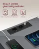 A close-up view of a power strip with two AC outlets and two USB ports, connected to a phone and a tablet. Produktbild-Vorschau